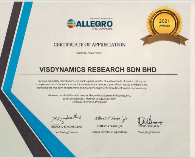 Allegro Microsystems Certificate of Appreciation 2021