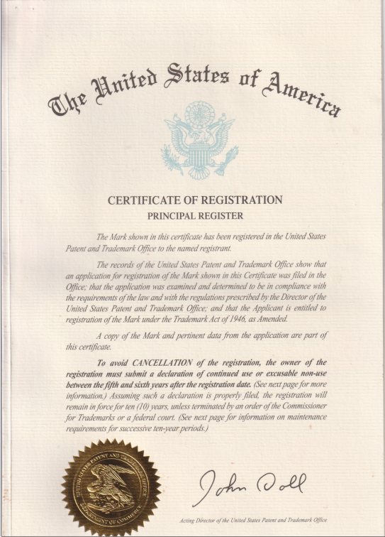 Certificate of Registration In America